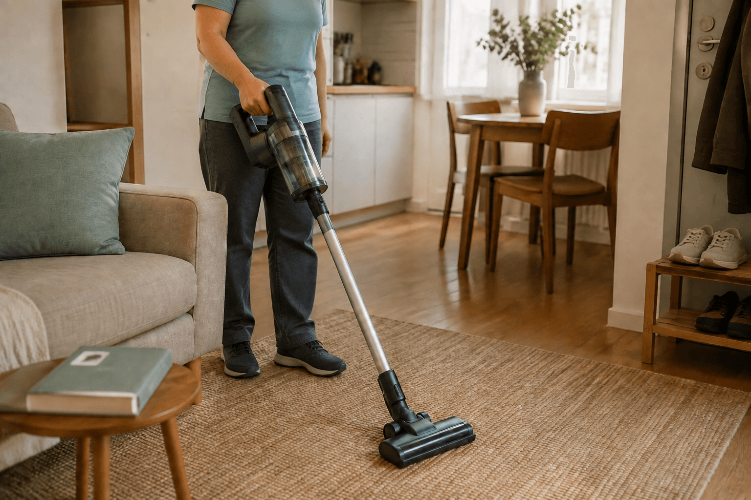 A person vacuuming the floor between a sofa and a small apartment kitchen.