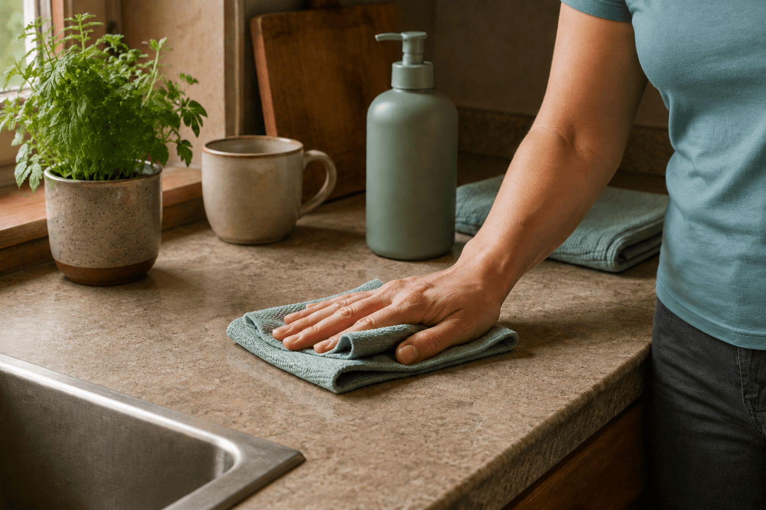 A person wiping a kitchen counter with a reusable cloth beside a plain refillable bottle.