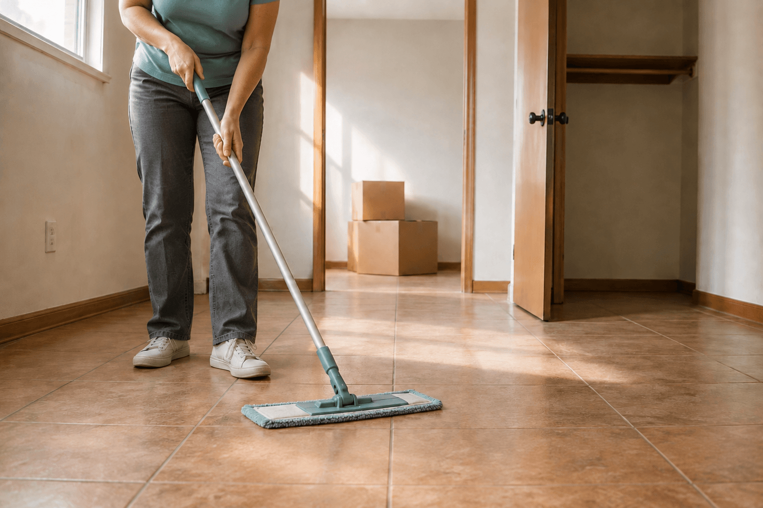 A person mopping an empty room near an open doorway and two moving boxes.
