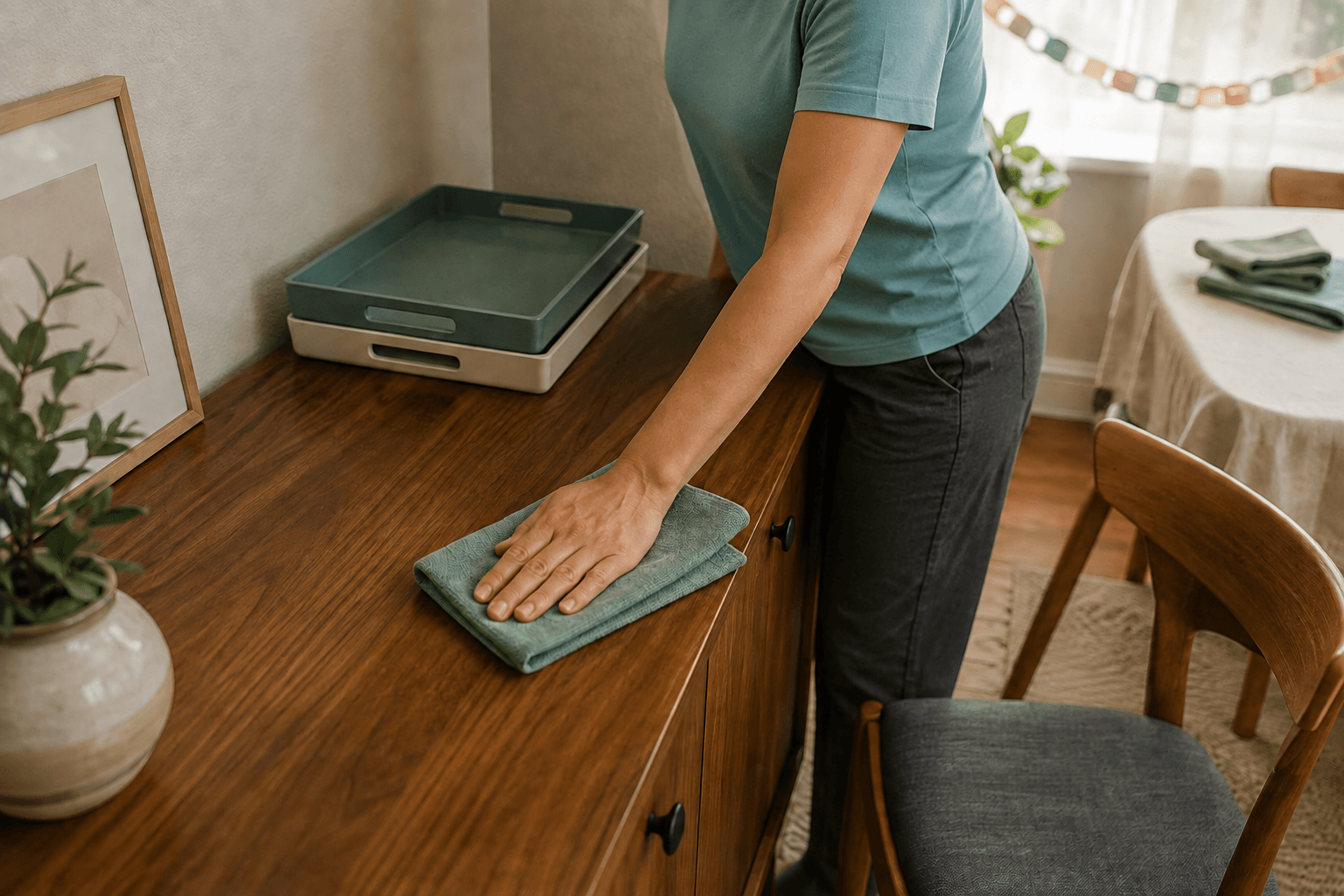 A person wiping a wood sideboard beside stacked serving trays.