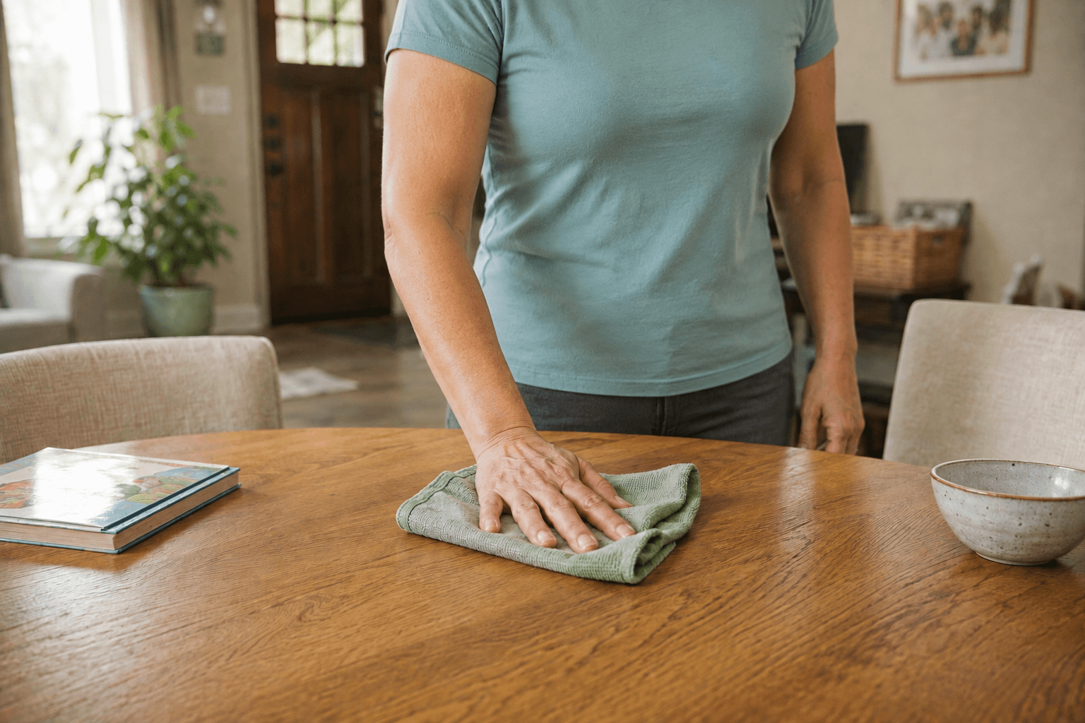 A person wiping an oak dining table with a folded cloth.